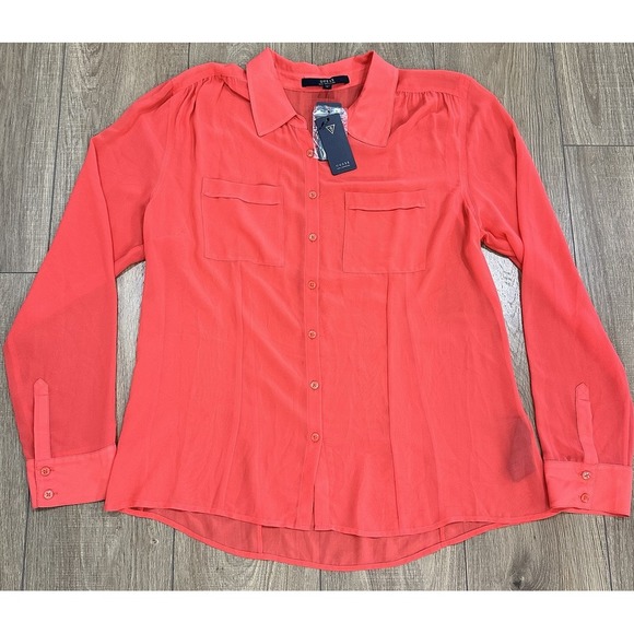 Guess Tops - Guess Bright Coral LS Charlotte Blouse Women's‎ XL